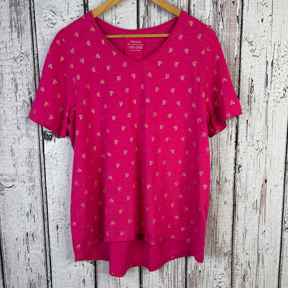 Chico’s 2‎ Large Foiled Boat Print Tee Summer Berry Pink Knit Short Sleeve Shirt